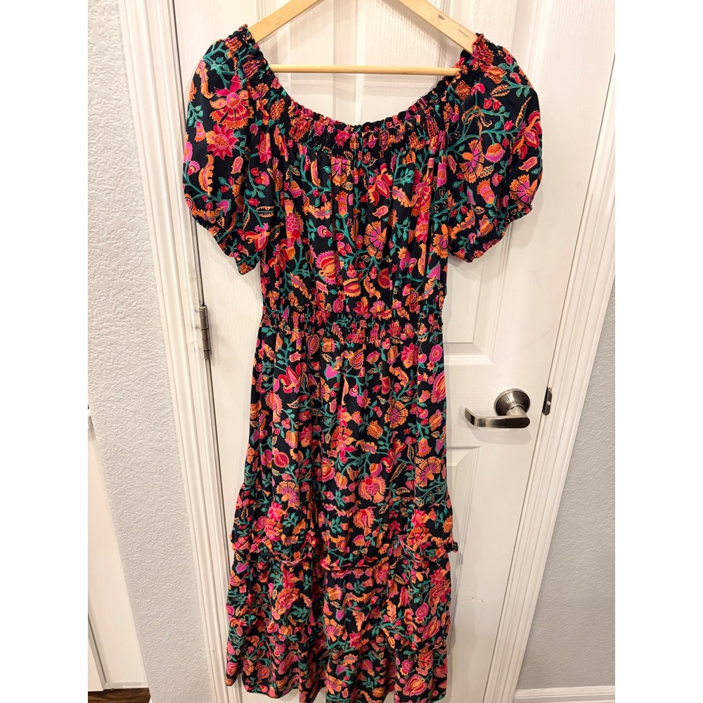Knox Rose Midi Dress Black Floral Paisley Smocked Waist Boho Tiered Ruffle S